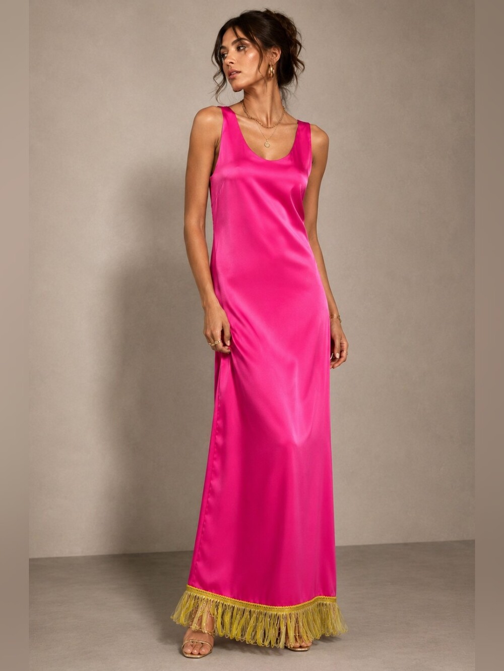 Reworked Fuchsia Satin Maxi Dress with Vintage Fringe | Y2K Party Evening Gown